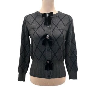 Nancy Yang Diamond Knit Cardigan Velvet Bow Jewel Button Sweater Gray Small NWT